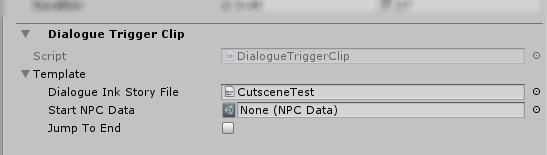 Inspector showing the public fields on a Dialogue Trigger Clip